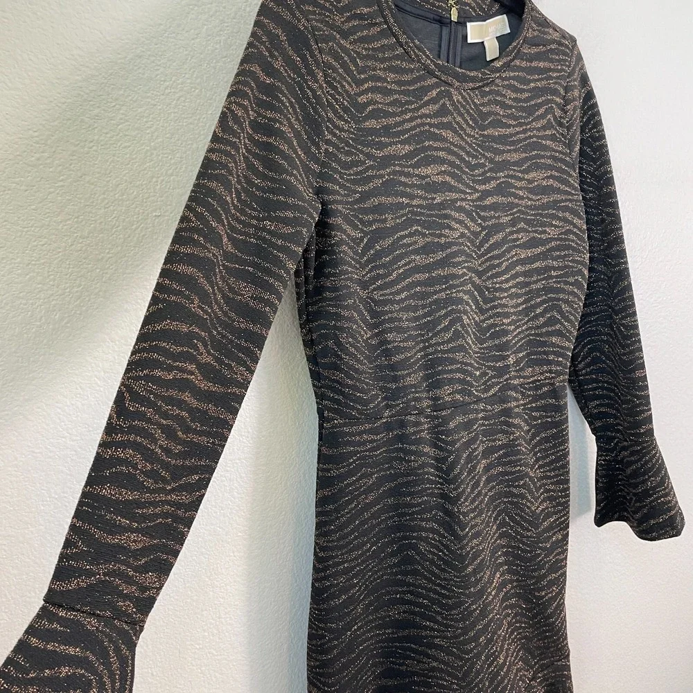 Michael Kors Womens Small Metallic Animal Print Flounce Hem Dress Long Sleeve‎